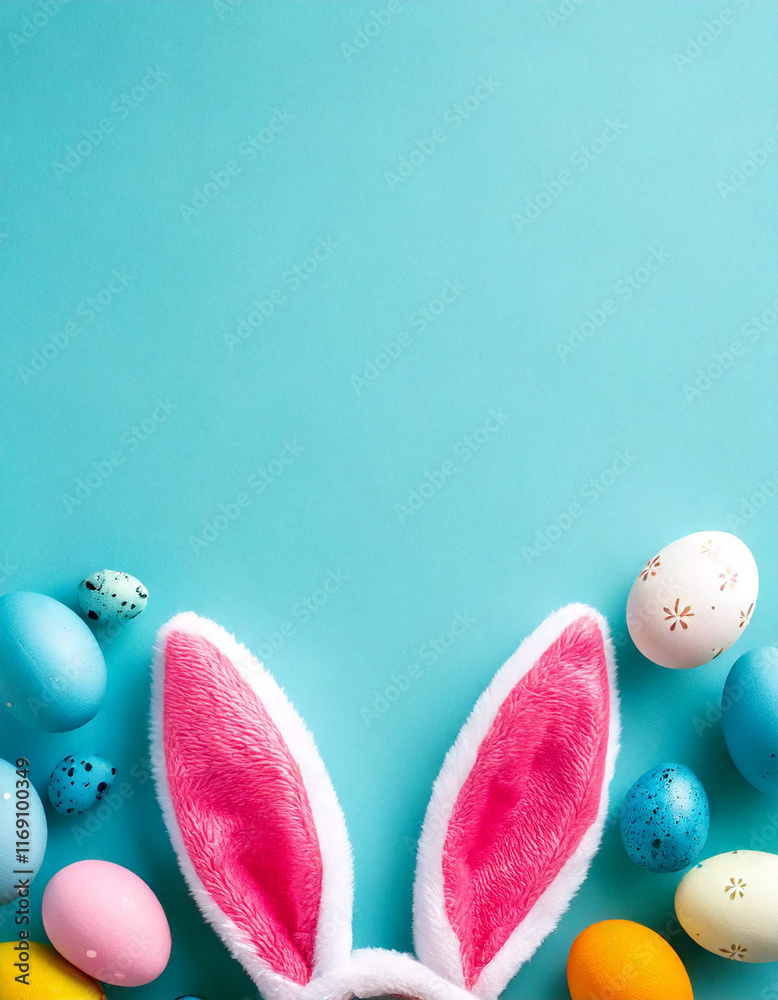Fototapeta premium Easter party concept. Top view photo of easter bunny ears white pink blue and yellow eggs on isolated pastel blue background with copyspace in the middle