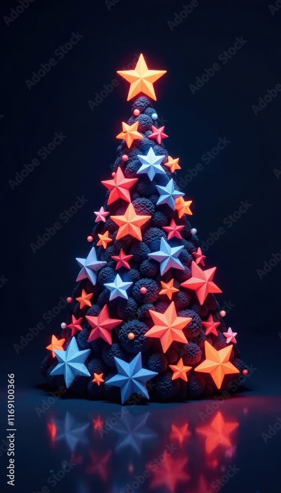 Obraz premium Abstract geometric xmas tree, snowflake & star shapes on dark background, background, celebration, festive season