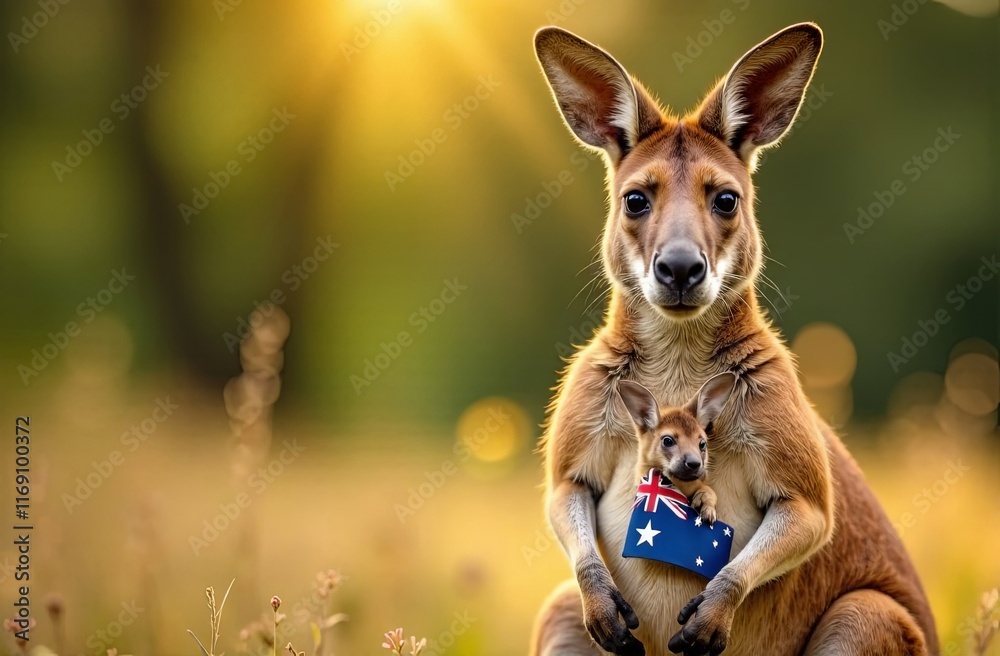 Australia Day with kangaroo holding Australian flag on blurred background of Australian nature on bright sunny day. Horizontal concept of symbol of unity of the state Australia Day with kangaroo holding Australian flag on blurred background of Australian nature on bright sunny day. Horizontal concept of symbol of unity of the state