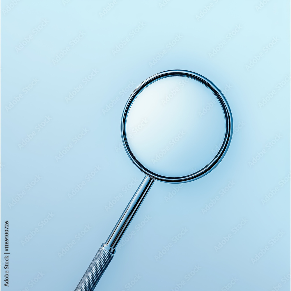 Macro shot of a dental mirror reflecting light on a sterile light background