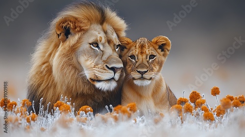 Majestic Male Lion and Cub Resting Amidst Flowers
