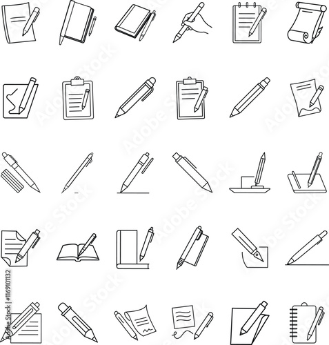 Writing Instruments, Stationery, Notepads, Pens, Pencils, Paper, Documents, Icons, Office Supplies, 