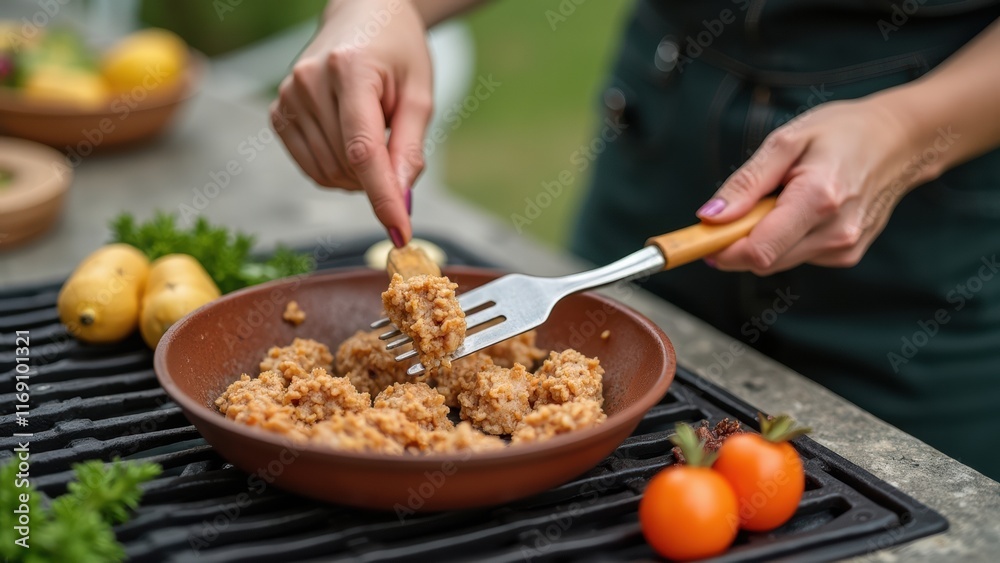 Cooking Healthy Meal With Fresh Ingredients in Outdoor Kitchen During Sunny Day Cooking Healthy Meal With Fresh Ingredients in Outdoor Kitchen During Sunny Day