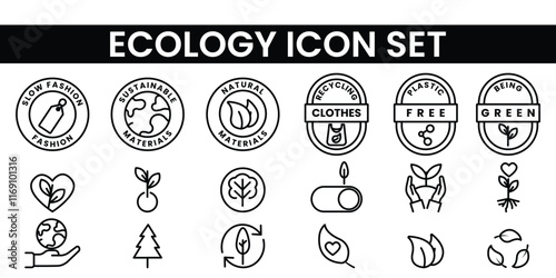 Ecology icon set in outline style featuring renewable energy, plants, recycling symbols, and environmental elements. Ideal for eco-friendly projects, sustainability, and green initiatives.