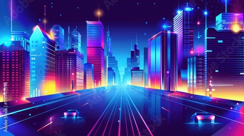 cityscape with futuristic buildings smart city, vibrant colors, and detailed streets photo