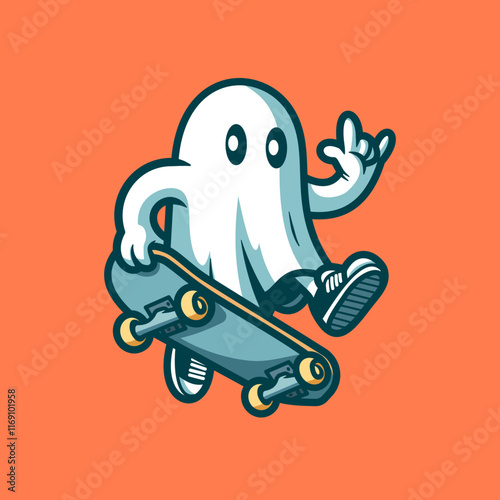 Ghost Playing Skateboard Cartoon Vector Art, Illustration and Graphic