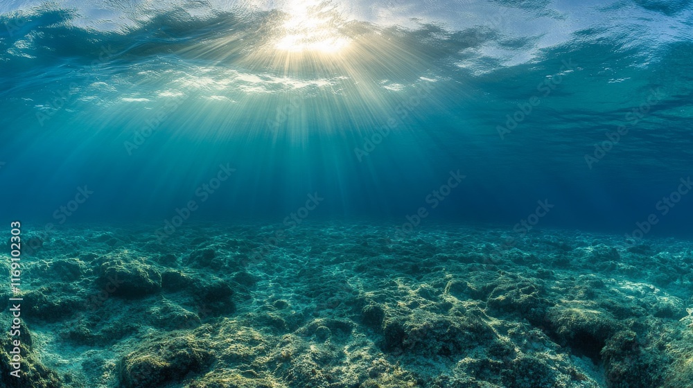 Fototapeta premium Dark blue ocean surface seen from underwater, light rays to the ocean ground, 16:9