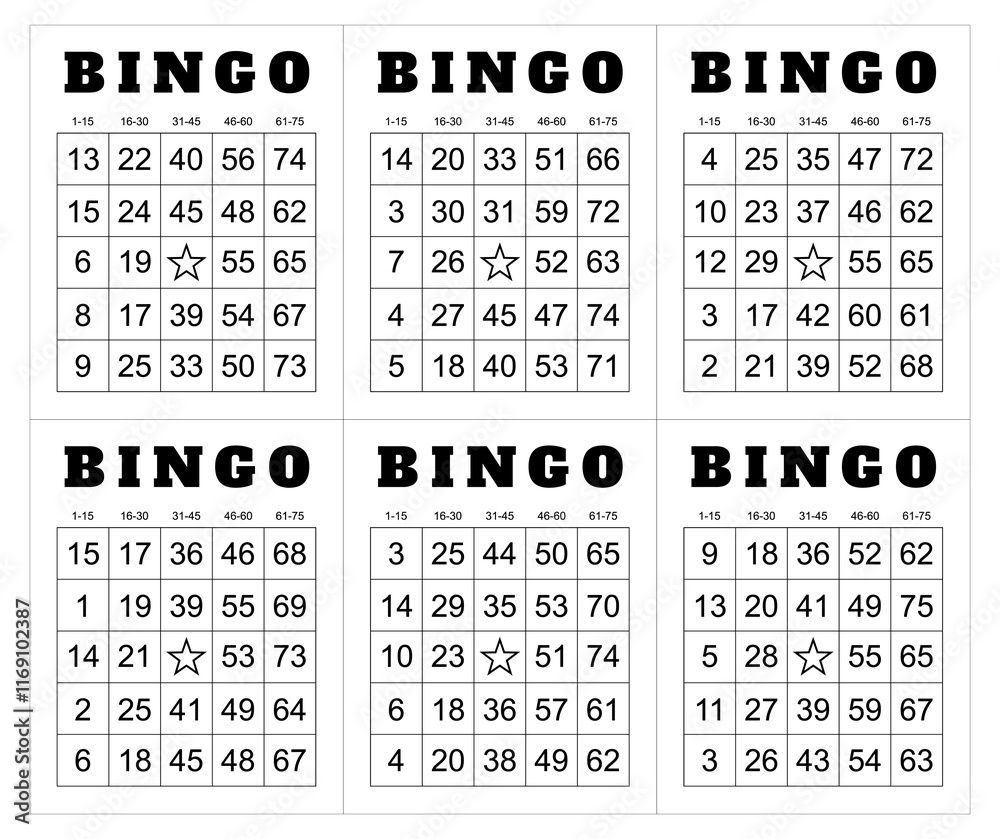 Bingo card random numbers printable template set. Vector illustration simple bingo card design.