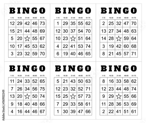 Bingo card random numbers printable template set. Vector illustration simple bingo card design.