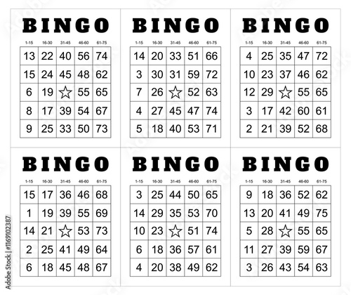 Bingo card random numbers printable template set. Vector illustration simple bingo card design.