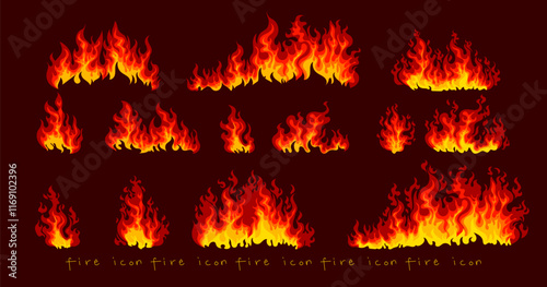 Set of fires, flame, bonfire, burning and ignition icon sign and symbol element vector illustration. Fire icons isolated.