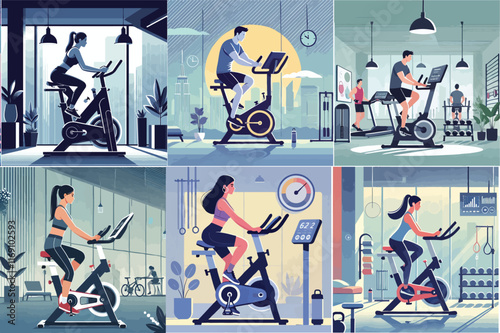 Someone is exercising on a stationary bike with flat and minimalist design stayle  Art & Illustration