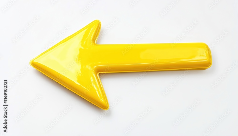 Realistic Arrow Pointing Left In Yellow Plastic On White Background. Vivid And Detailed Arrow Design For Clear Directional Signage. Realistic Arrow Pointing Left In Yellow Plastic On White Background. Vivid And Detailed Arrow Design For Clear Directional Signage.