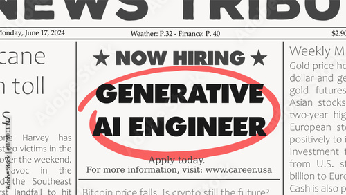 Generative AI engineer software development career. Recruitment offer - job ad. Newspaper classified ad career opportunity.