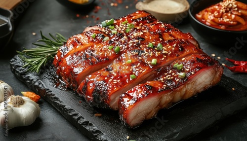 Popular Spicy Korean Bbq Dish: Spicy Grilled Pork Belly With Kochujang Sauces, Served With Chili, Kimchi, Garlic, Onion, And Vegetables. photo