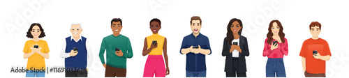 Smiling people holding using mobile phones. Men and women characters set vector illustration isolated