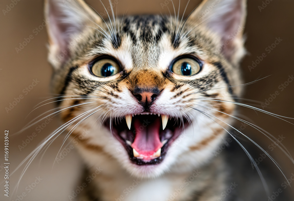 Naklejka premium A close-up portrait of a young tabby cat with wide open eyes and mouth, showing its teeth in an excited or playful expression
