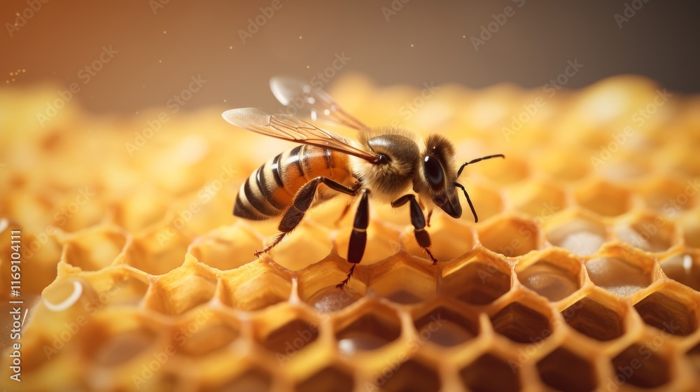 A honey bee is busy working on a honeycomb, collecting nectar and pollen in a bright and vibrant environment. The intricate hexagonal structure supports the bee's efforts A honey bee is busy working on a honeycomb, collecting nectar and pollen in a bright and vibrant environment. The intricate hexagonal structure supports the bee's efforts