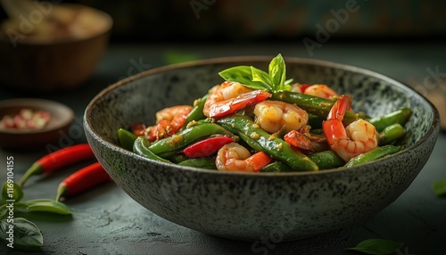 Spicy Curry Stir-Fried Stink Beans With Shrimps And Shrimp Paste - A Delicious Thai Dish From A Side View. photo