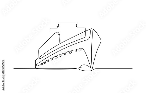 Continuous single line drawing of large cruise ship on ocean, line art vector illustration. The ship is sailing. Sea transport. One continuous line drawing on a white isolated background.