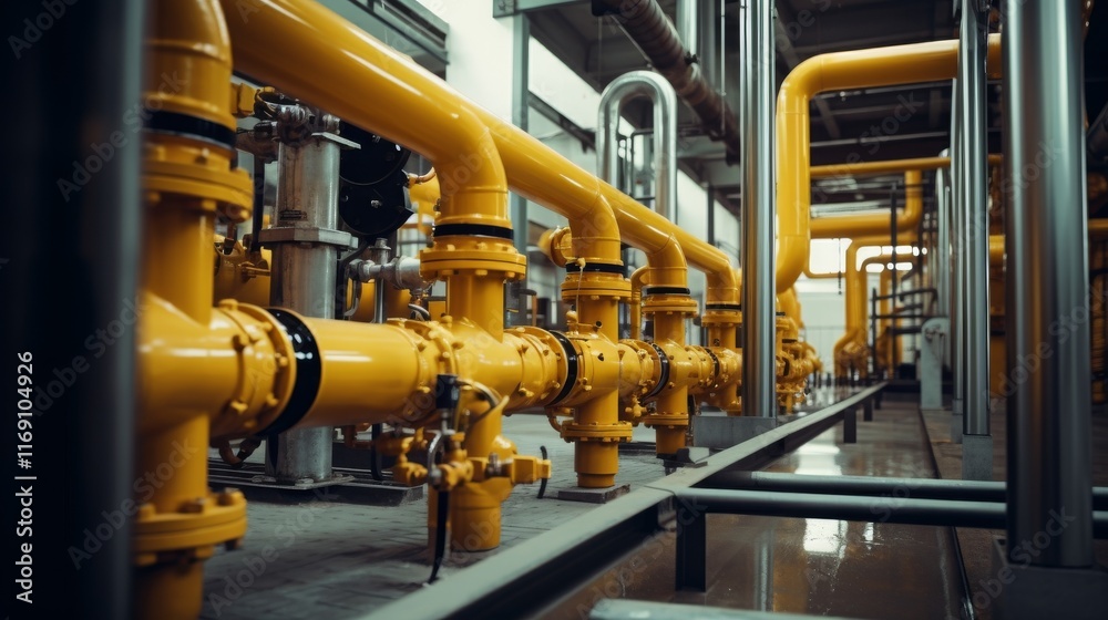 Fototapeta premium Bright yellow industrial pipes run along the floor of a manufacturing facility. The setting showcases clean lines, modern technology, and ample space for information or branding