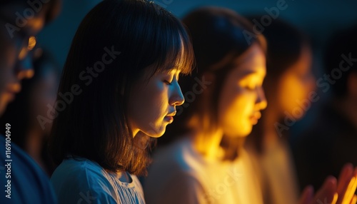 Small Group Of Asian Individuals Engaging In Prayer, Worship, And Belief. Friends And Families Worshiping Together And Studying The Holy Bible In Church. A Small Group Focusing On Learning And Prayer. photo