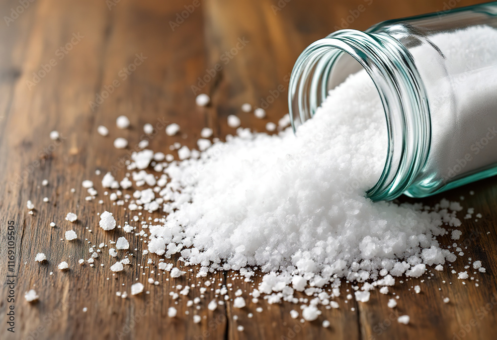 A glass jar filled with white crystalline rock salt spilled out onto a wooden surface A glass jar filled with white crystalline rock salt spilled out onto a wooden surface