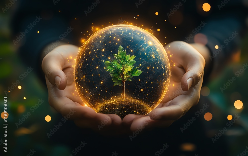 Fototapeta premium Hands holding the earth globe with a growing tree on top, representing Earth Day, arbor day, environmental conservation, and a clean planet concept