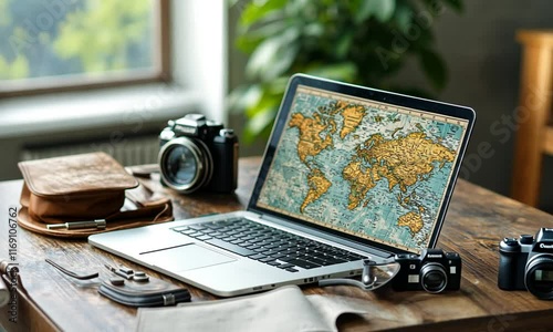Laptop displaying a world map with a camera and accessories nearby.