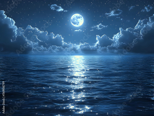 Serene moonlit ocean scene at night with clouds and stars.