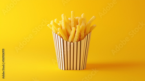 A photorealistic image of yellow striped paper box with french fries, on a solid vibrant color background. 