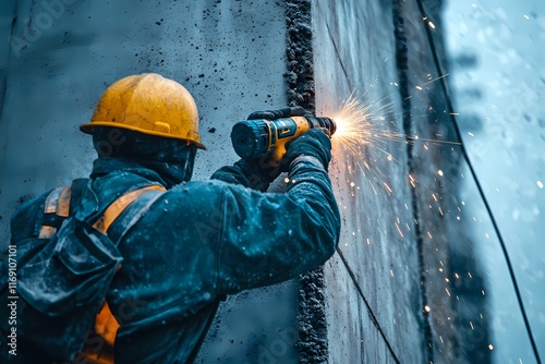 Skilled worker using a power drill on a concrete wall