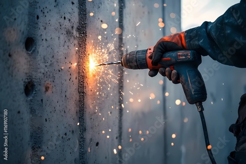 Concrete wall being drilled by a worker