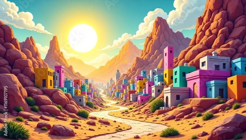 Dynamic cityscape in a colorful desert setting under warm sunlight
