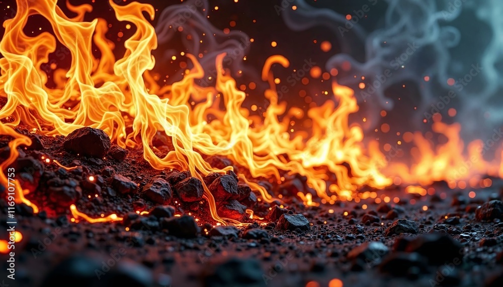 Dynamic digital illustration of vibrant orange and yellow blazing fire effect Dynamic digital illustration of vibrant orange and yellow blazing fire effect