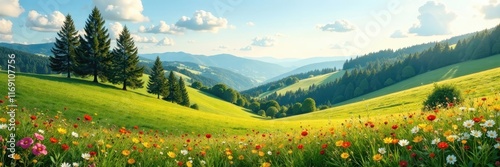 Rolling hills with wildflowers and tall trees, countryside, flowers
