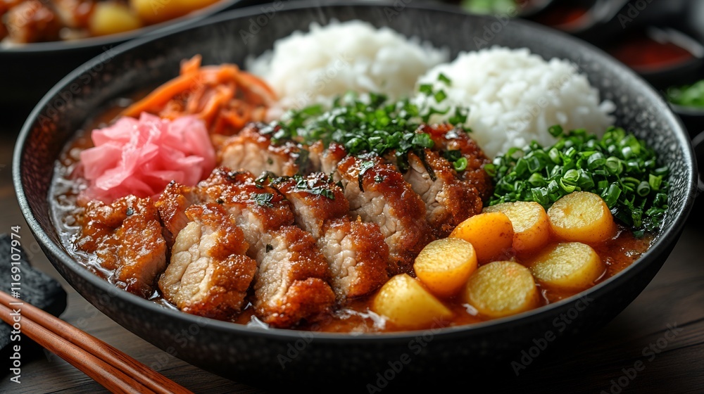 Katsu Curry Breaded Pork Carrots and Potatoes Served with Pickled Ginger and Rice Katsu Curry Breaded Pork Carrots and Potatoes Served with Pickled Ginger and Rice