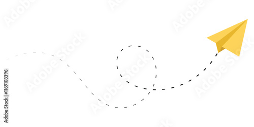 Yellow paper plane with dotted line trail on white background. Minimalist design ideal for travel, business, and branding projects. Perfect for creative graphics and communication visuals.