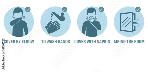 Preventive measures icons with handwashing, masks, and social distancing. Ideal for health safety campaigns, awareness designs, and public safety graphics. Focused on hygiene and prevention.