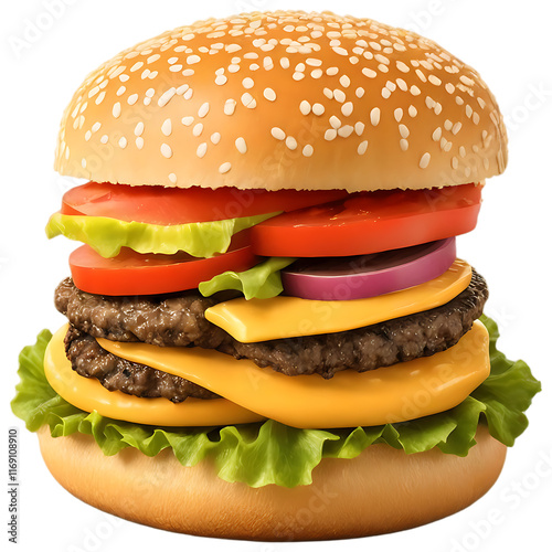 Juicy Hamburger Isolated on Transparent Background