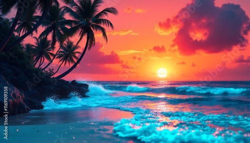 Vibrant Sunset Paradise: Tropical Beach at Dusk photo