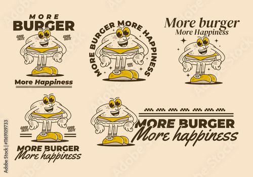More burger more happiness. Standing burger character in happy face