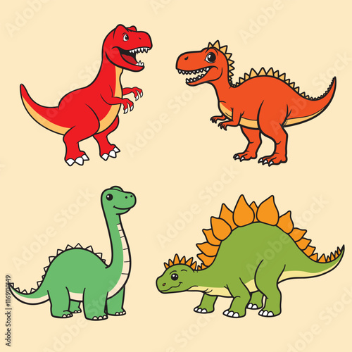 Fototapeta Naklejka Na Ścianę i Meble -  Cartoon dinosaur set with T-Rex, Stegosaurus, and more. Cute prehistoric creatures for kids' designs, educational themes, and playful creative projects. Fun and vibrant illustrations.