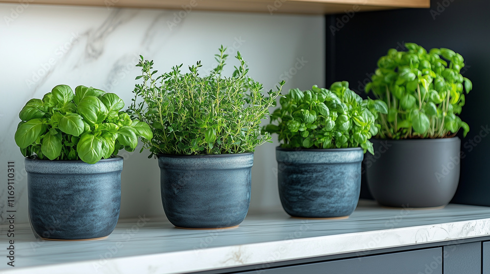 four potted herbs on a countertop four potted herbs on a countertop