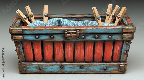 Rustic red and blue wooden box with clothespins and fabric. photo