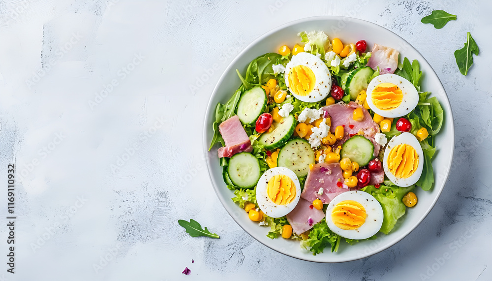 Festive salad with ham, cucumber, boiled eggs, sweet corn and mayonnaise on wooden table Festive salad with ham, cucumber, boiled eggs, sweet corn and mayonnaise on wooden table