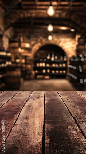 Empty wooden table top with a super blur of wine barrels in a wine cellar in the background  creating a warm  intimate ambiance perfect for showcasing products or wine glasses.