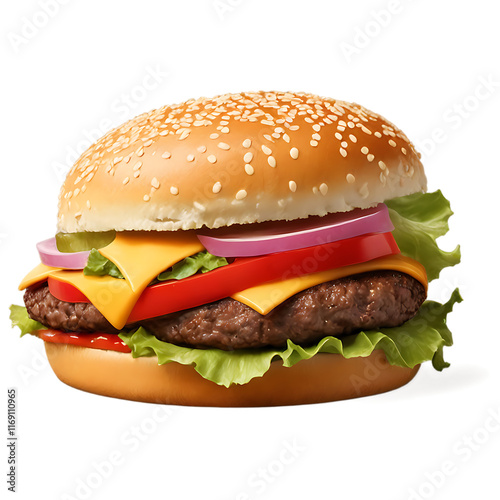 Juicy Hamburger Isolated on Transparent Background