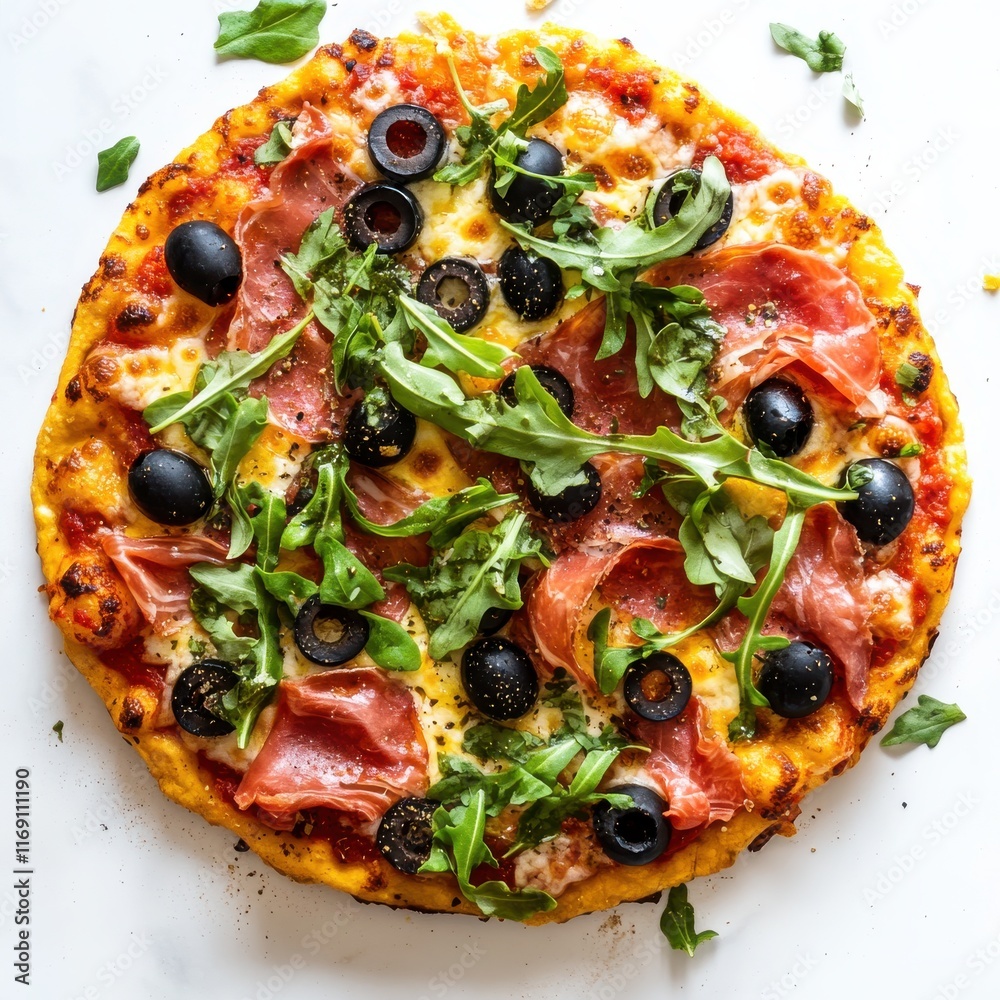 Delicious gourmet pizza with olives, prosciutto, and fresh arugula on a crisp crust, perfect for food lovers and culinary enthusiasts looking for vibrant food photography. Delicious gourmet pizza with olives, prosciutto, and fresh arugula on a crisp crust, perfect for food lovers and culinary enthusiasts looking for vibrant food photography.