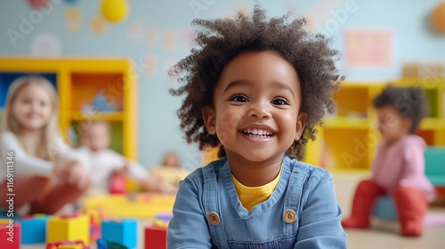 A daycare service flyer with happy children playing in a colorful environmen